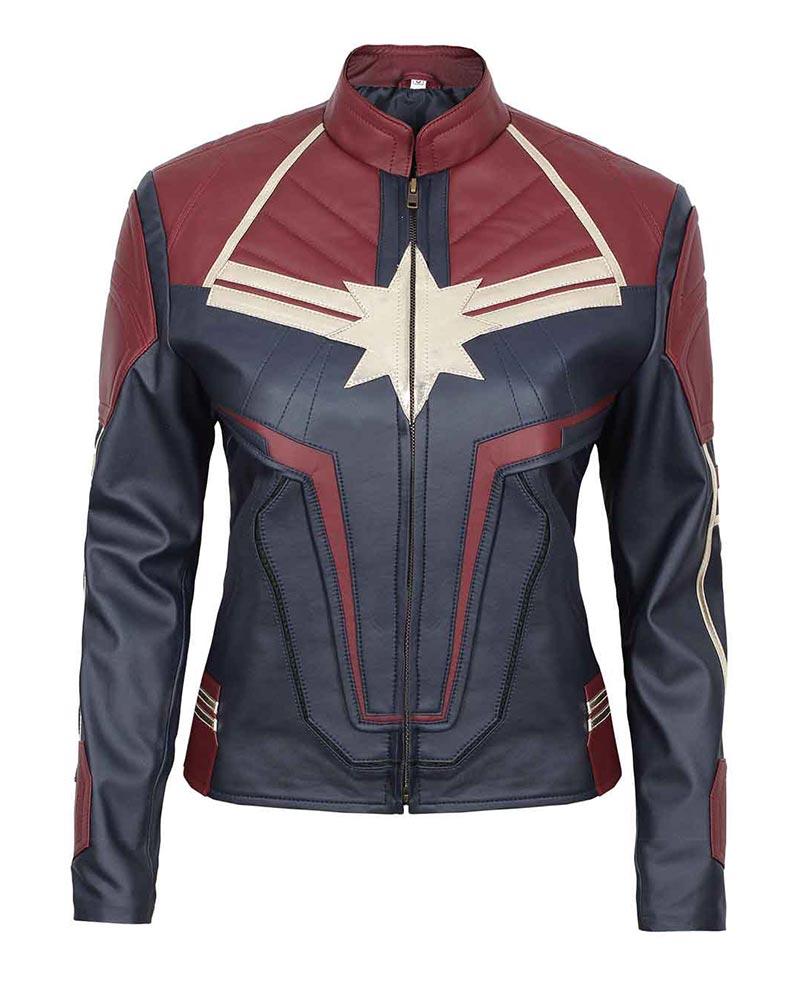 Captain Marvel Brie Larson Leather Jacket In Blue And Maroon Color Theleathercity