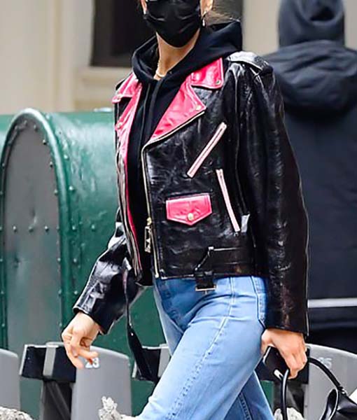 NYC Irina Shayk Black Leather Biker Jacket | TLC