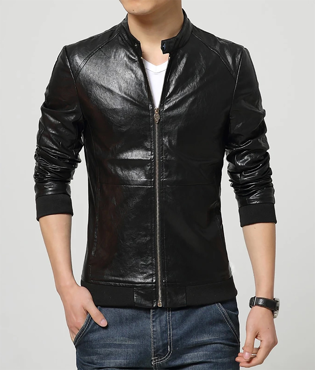 Men’s Casual Slim Fit Black Bomber Leather Jacket | TLC