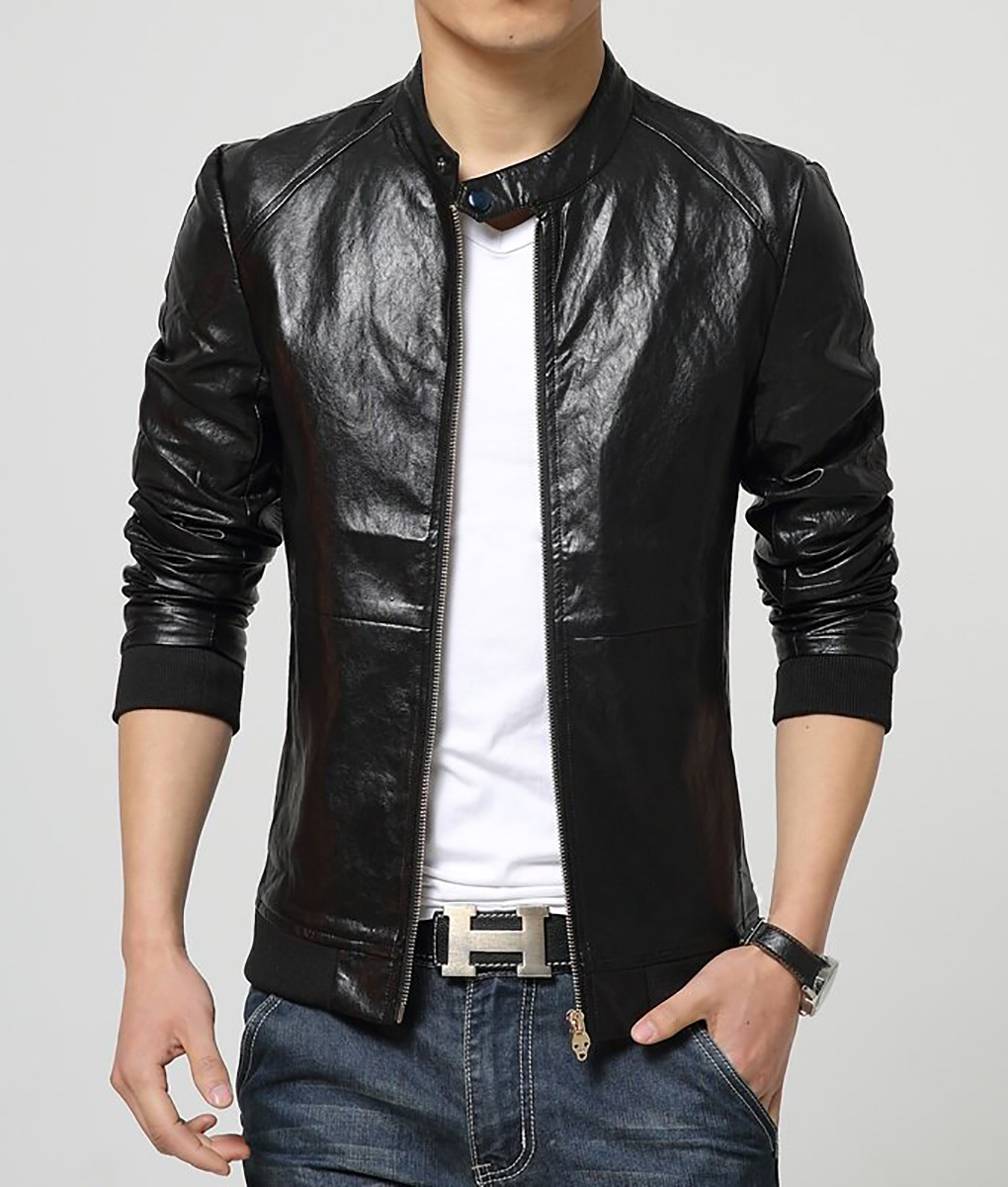 Men’s Casual Slim Fit Black Bomber Leather Jacket | TLC