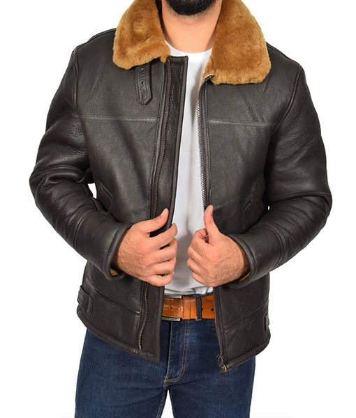 Men's Bamboo Brown B3 Bomber Real Leather Jacket | Faux Shearling Jacket
