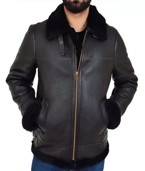 Men's Jet Black B3 Bomber Real Leather Jacket | Faux Shearling Jacket