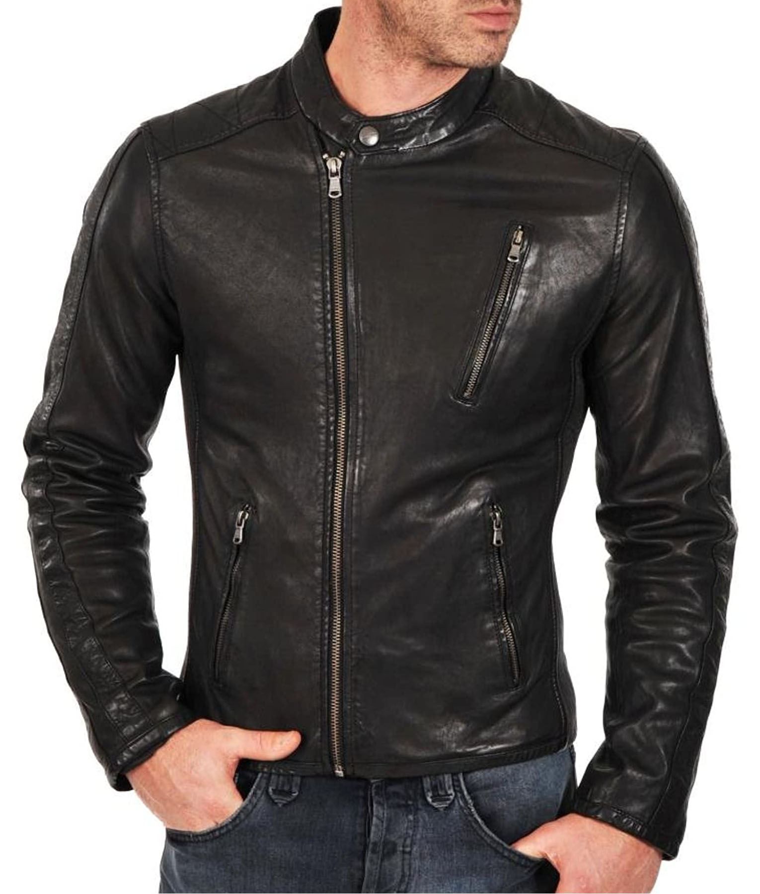 Men's Freddie Asymmetrical Black Cafe Racer Leather Jacket | TLC