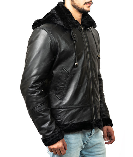Men's Barboda Black Shearling Hooded Bomber Leather Jacket | TheLeatherCity