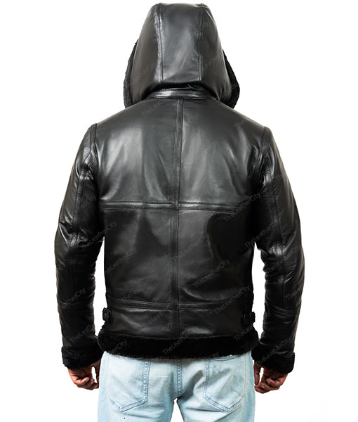Men's Barboda Black Shearling Hooded Bomber Leather Jacket | TheLeatherCity