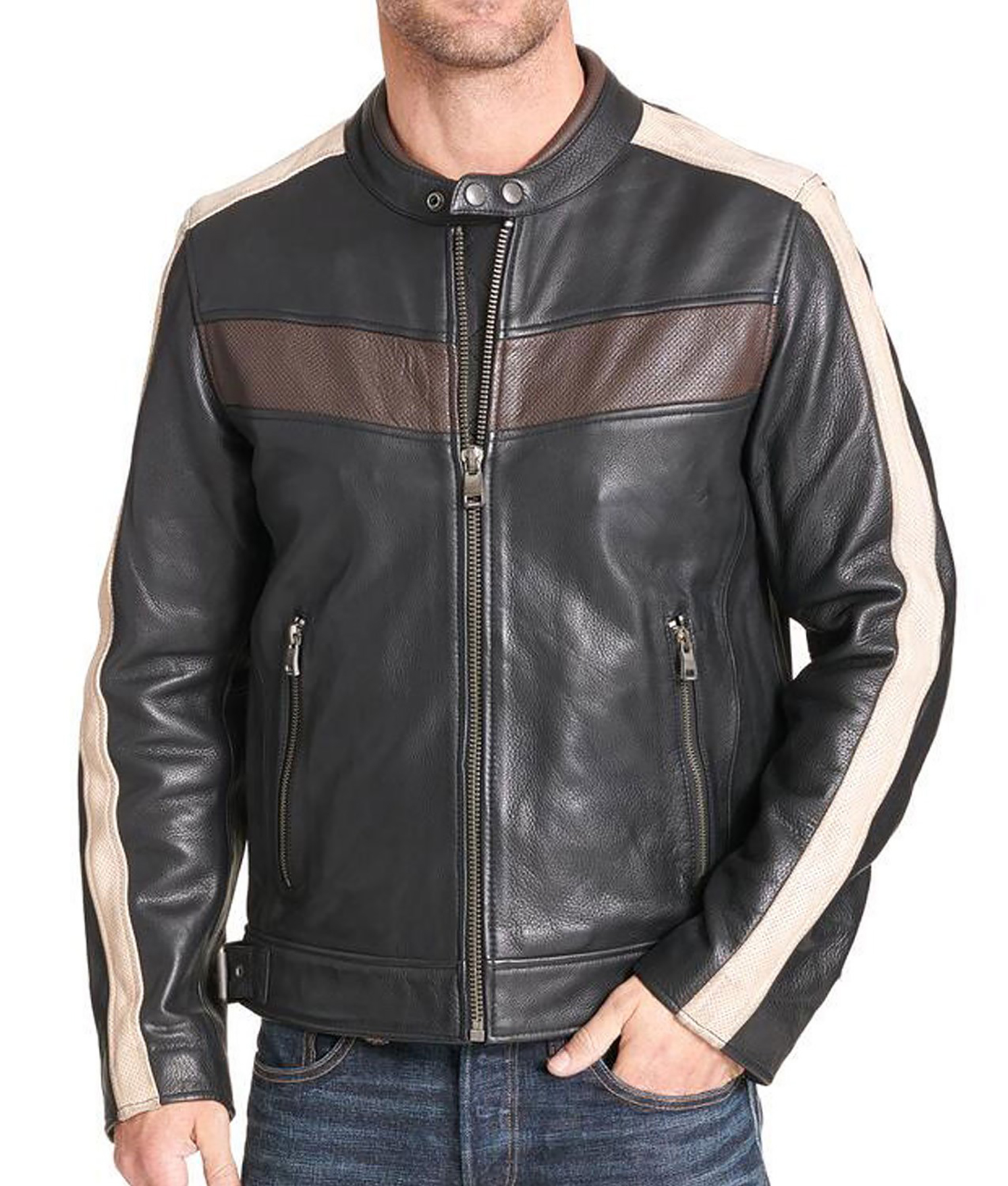 Men’s Mick Striped Design Buckled Waist Café Racer Leather Jacket | TLC