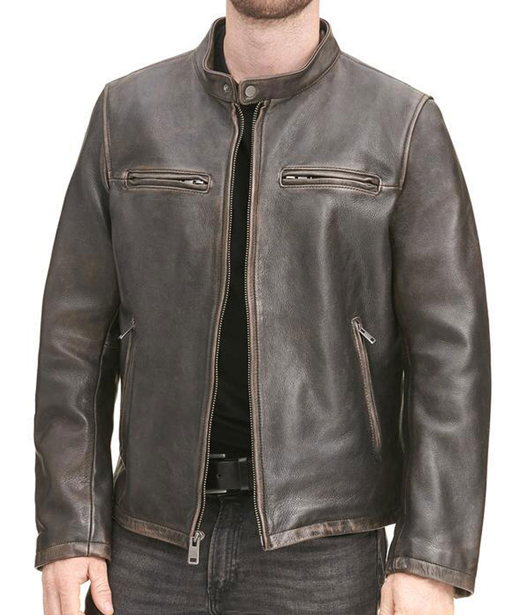 Men's Wayne Vintage Brown Hooded Café Racer Leather Jacket | TLC