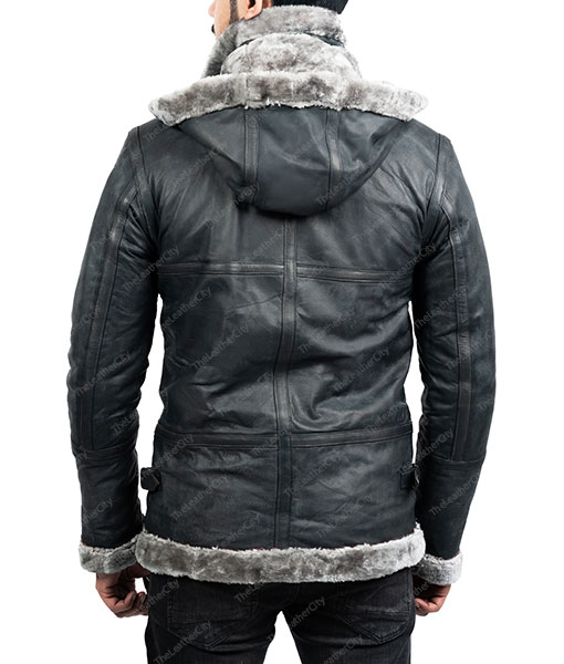 Men's Grey Shearling Leather Jacket With Hood | TLC