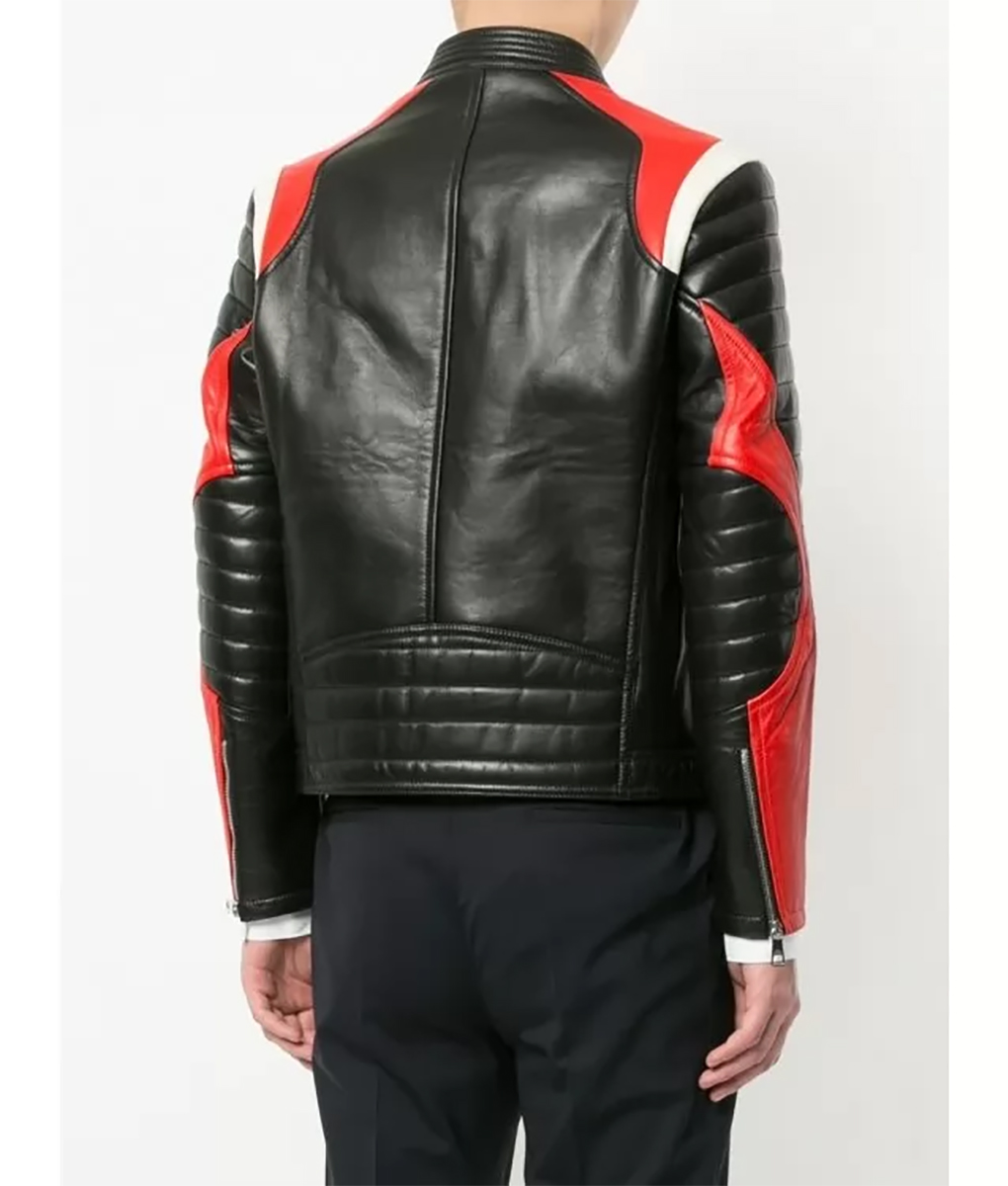 Red and White Panelled Biker Leather Jacket | TLC