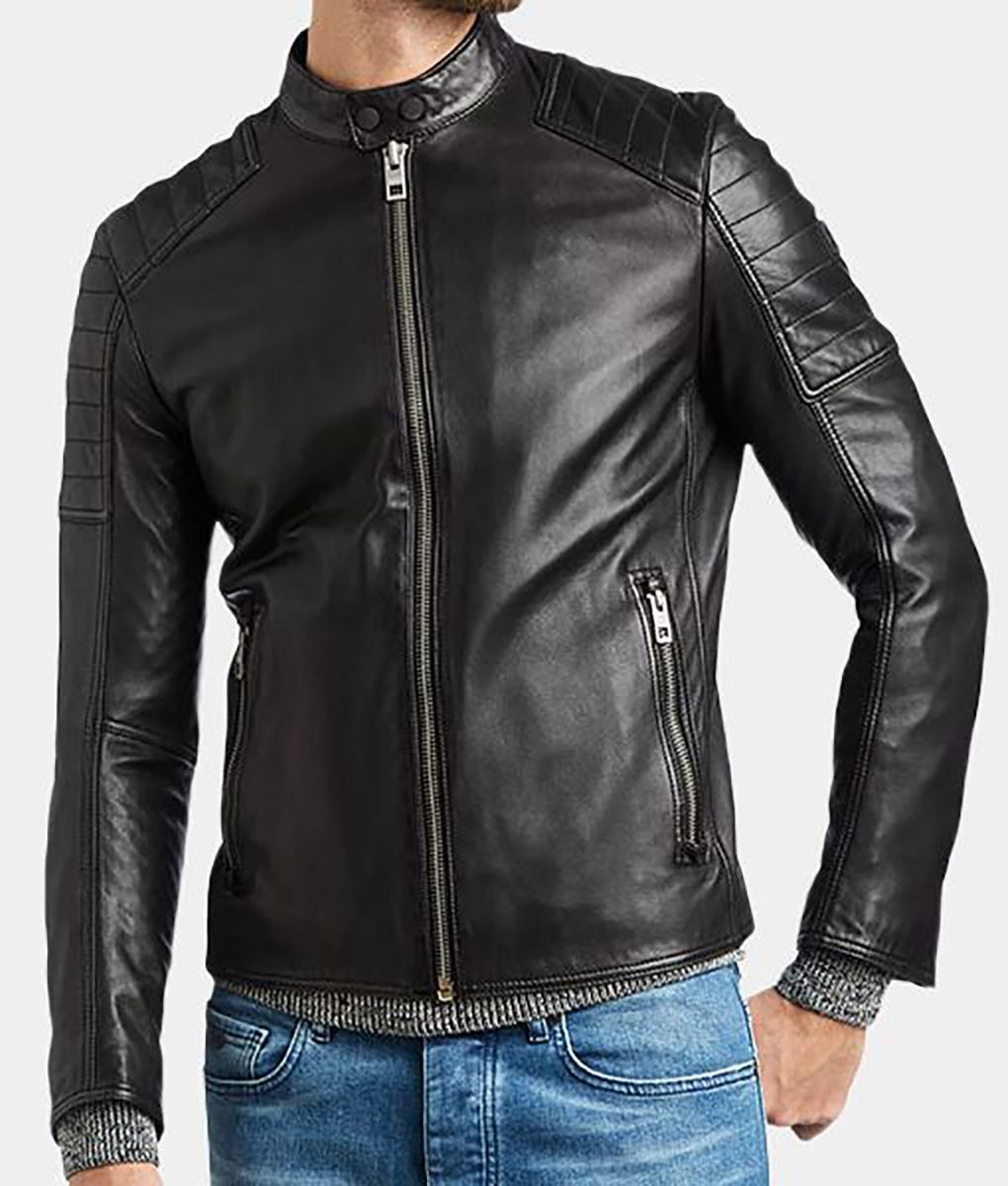 Men's Jayzee Quilted Shoulders Café Racer Black Leather Jacket | TLC