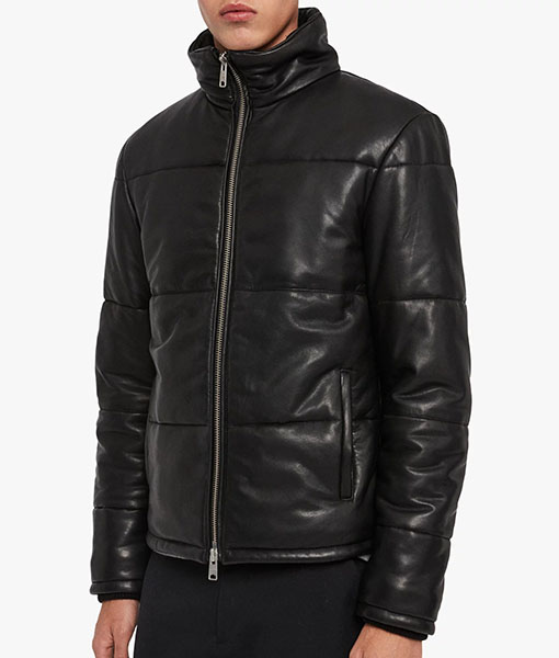 Men's Jet Black Real Leather Puffer Jacket | TLC
