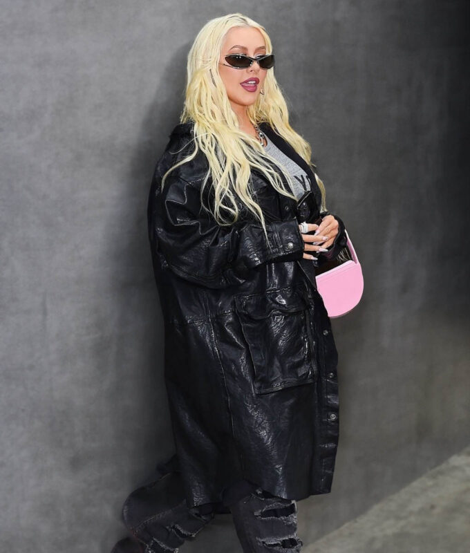 Christina Aguilera Black Leather Coat