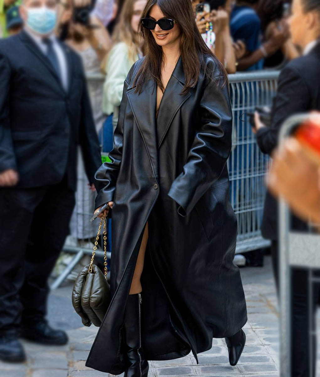Emily Ratajkowski Black Leather Long Coat