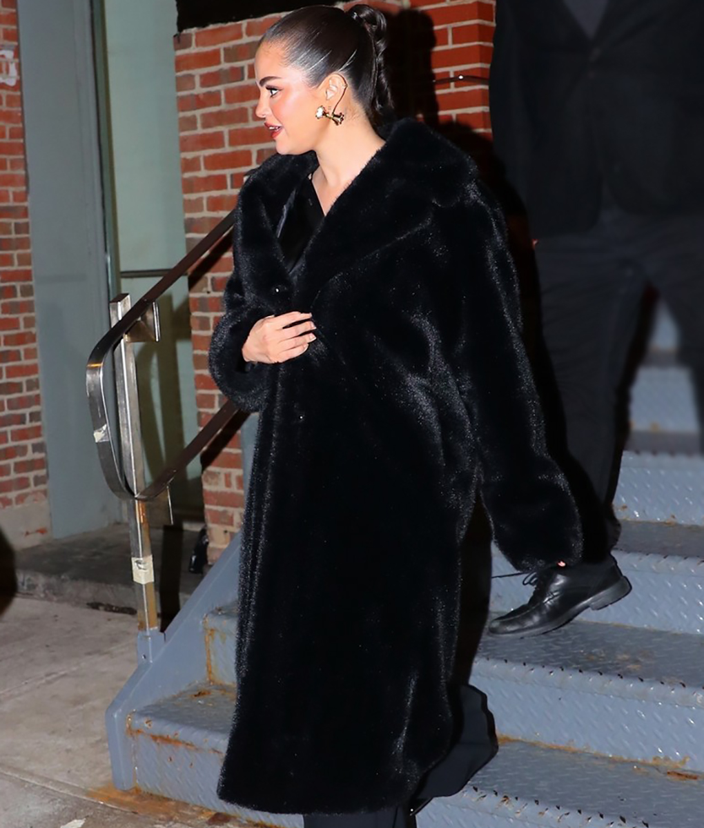 Selena Gomez Black Long Fur Coat