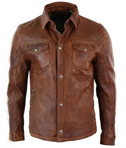 Dominic Men's Brown Vintage Western Waxed Leather Trucker Jacket