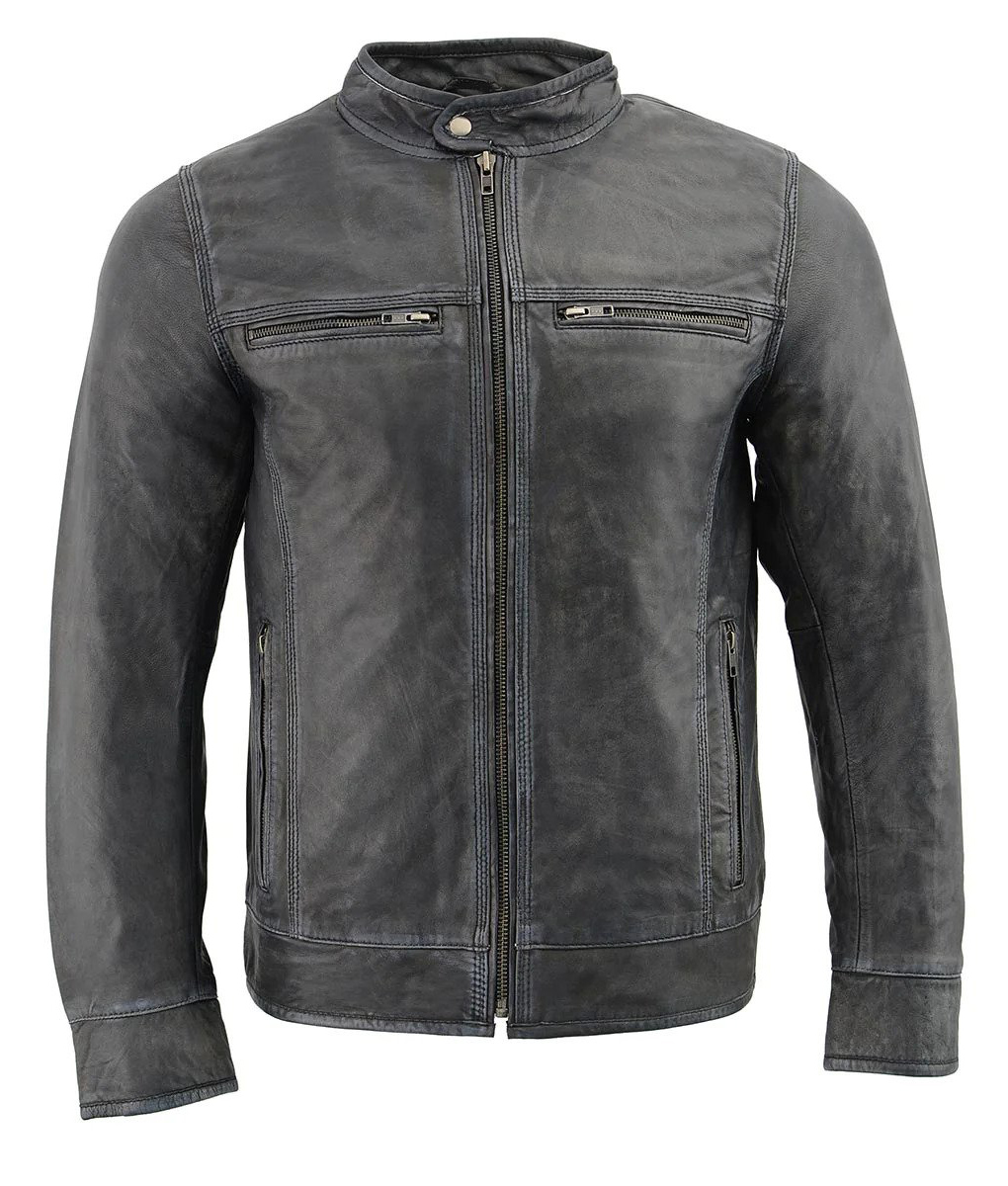 Dominic Men's Gray Retro Heavy Stitched Leather Cafe Racer Jacket