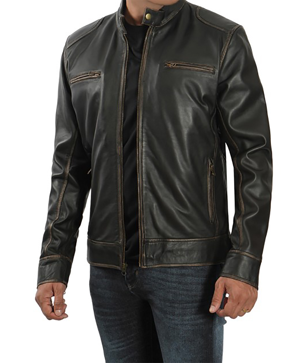 Marlon Men's Dark Brown Distressed Cafe Racer Leather Jacket