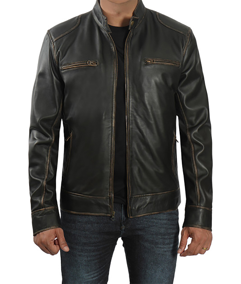 Marlon Men's Dark Brown Distressed Cafe Racer Leather Jacket