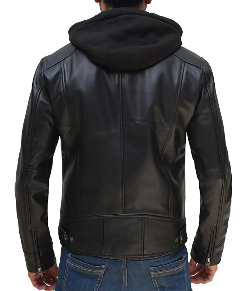 Wallace Men's Black Hooded Cafe Racer Leather Jacket